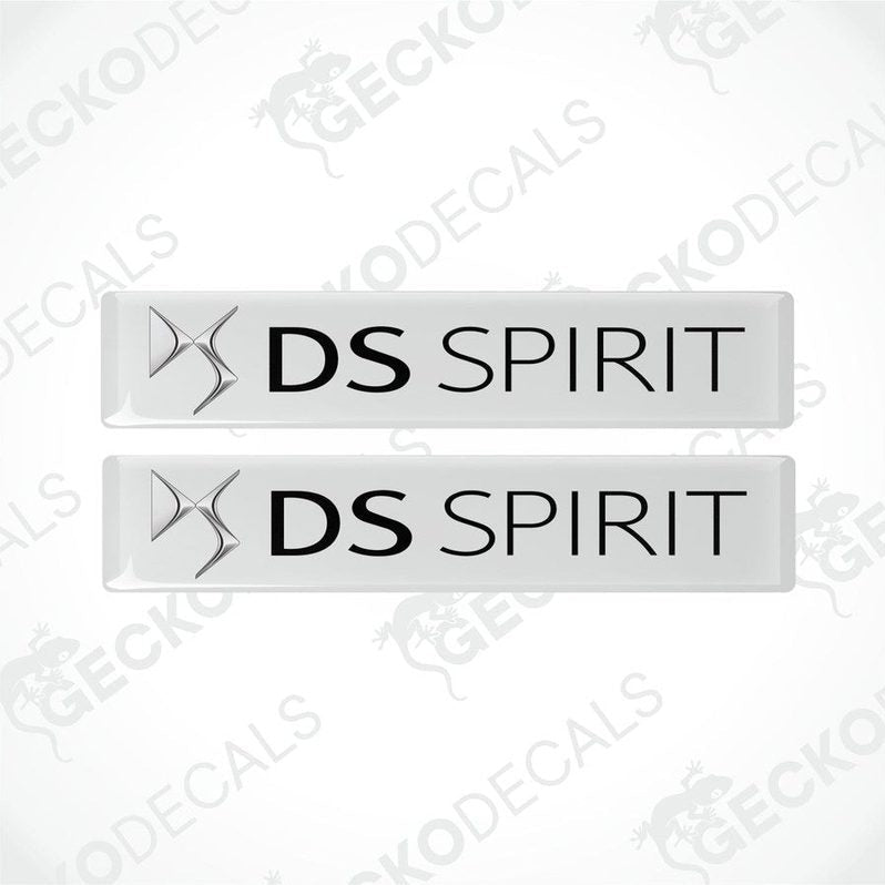 Two white vinyl decals with 'DS SPIRIT' text in black, designed for use as car stickers.