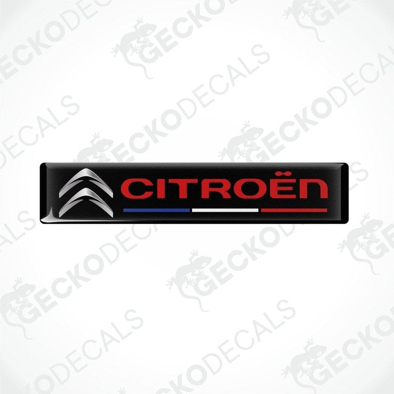 Rectangular vinyl decals with a polyurethane coating featuring the CITROEN brand logo in red and silver on a black background. The decals have a glossy finish.