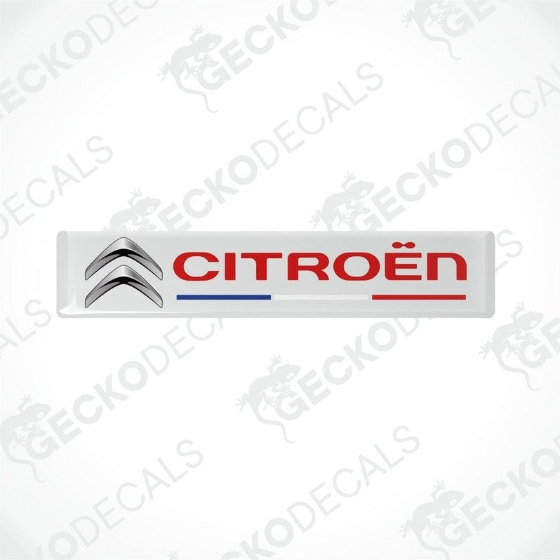 Rectangular vinyl decals with a polyurethane coating featuring the CITROEN brand logo in red and silver on a white background. The decals have a glossy finish.