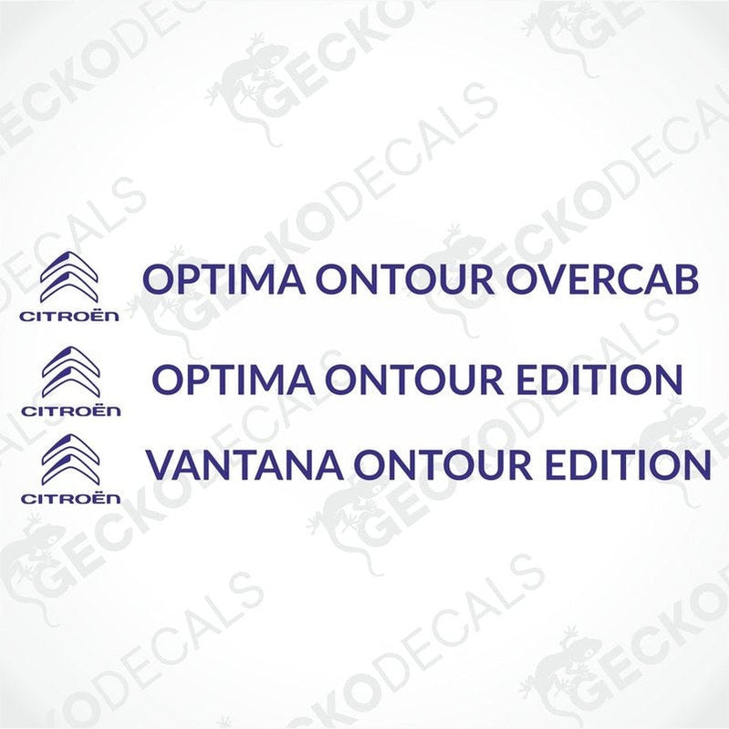 Purple Citroën Optima Ontour Edition and Overcab die-cut caravan stickers on white background