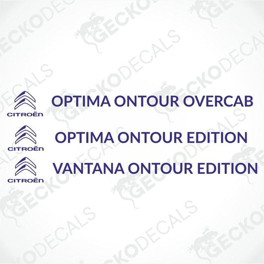 Purple Citroën Optima Ontour Edition and Overcab die-cut caravan stickers on white background