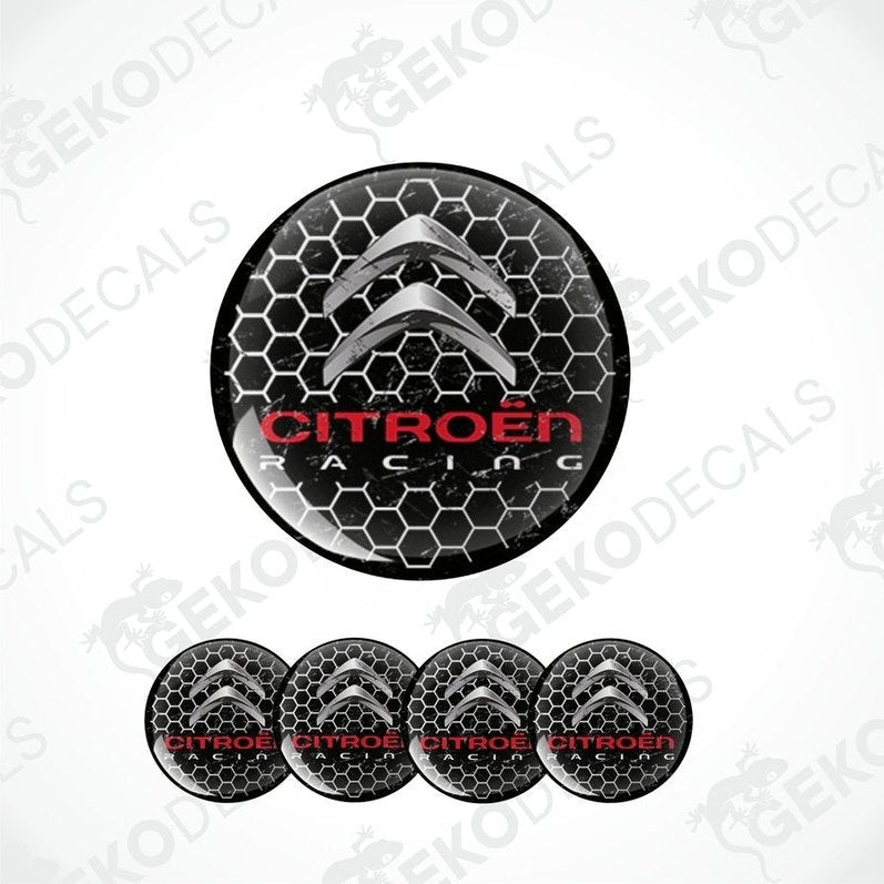 A set of vinyl decals for CITROEN RACING, including one larger decal with the racing logo and four smaller ones, likely for wheel caps.