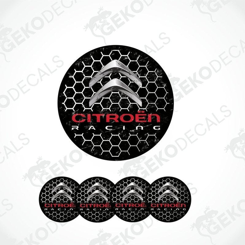 A set of vinyl decals for CITROEN RACING, including one larger decal with the racing logo and four smaller ones, likely for wheel caps.