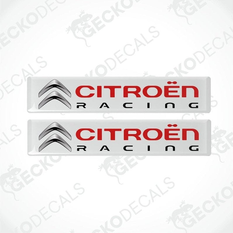 Two white, red, and white CITROEN RACING vinyl decals with a polyurethane coating.