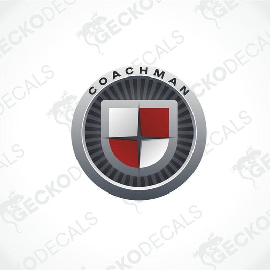 A logo of COACHMAN brand, featuring a shield-like design with a red and white color scheme and the brand name written in a different font.
