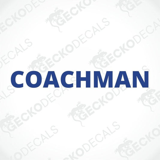 A die cut sticker with the text 'COACHMAN' on a white background, intended for use on vehicles.