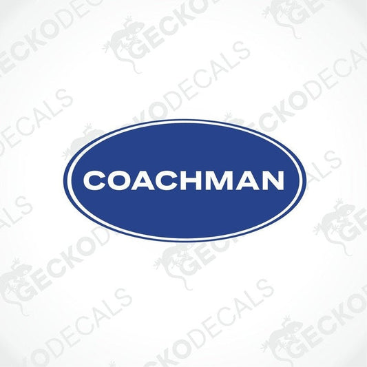 A blue oval-shaped sticker with the white text 'COACHMAN' centered inside the oval.