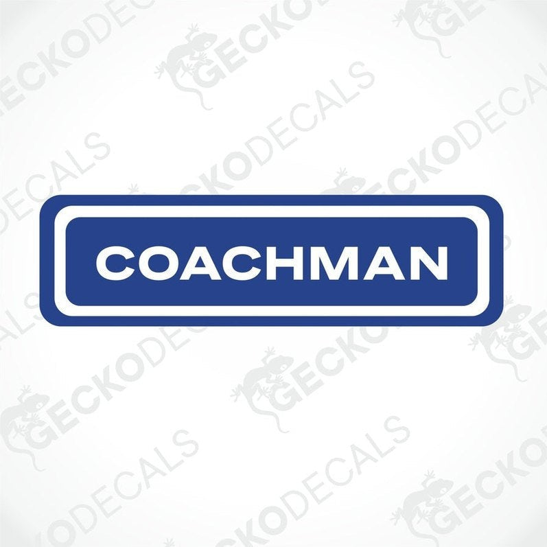 A blue and white vehicle decal with the word 'COACHMAN' printed in bold capital letters.