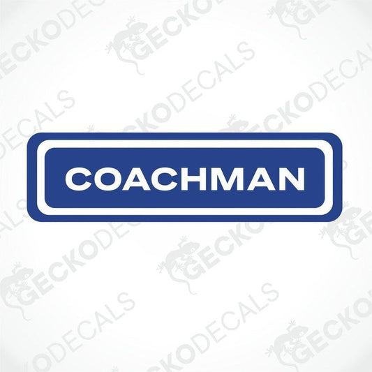 A blue and white vehicle decal with the word 'COACHMAN' printed in bold capital letters.