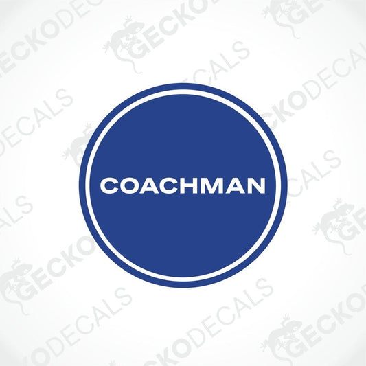 A blue circular decal with the word 'COACHMAN' in bold lettering, surrounded by a white border with the GeckoDecals logo at the bottom.