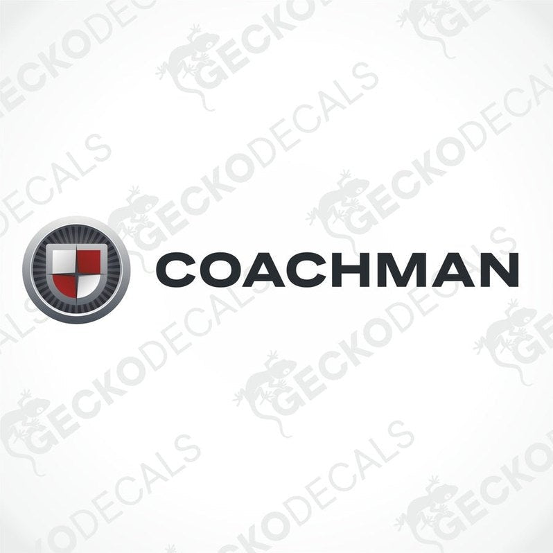 A die cut sticker with the text 'COACHMAN' and a shield emblem, indicating a brand typically associated with caravans.