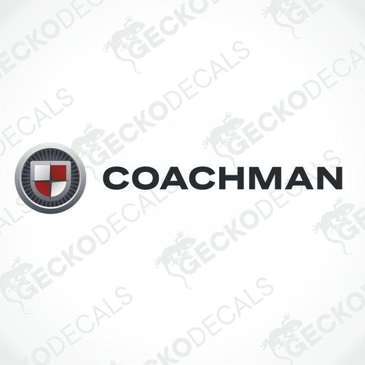 A die cut sticker with the text 'COACHMAN' and a shield emblem, indicating a brand typically associated with caravans.