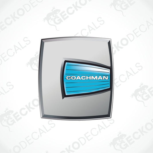 A silver emblem with the brand name 'COACHMAN' printed in blue and white.