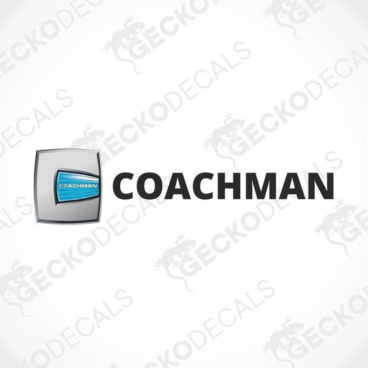 A die cut sticker with the word 'COACHMAN' printed on it, laminated and intended for use on a vehicle.