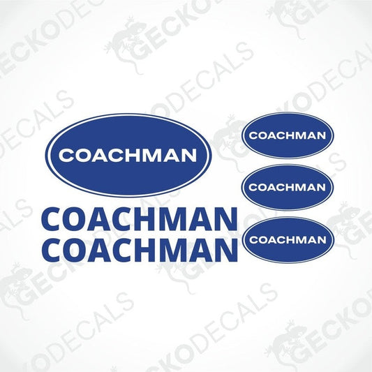 A set of various sized stickers with the brand name 'COACHMAN' displayed in different fonts and sizes.