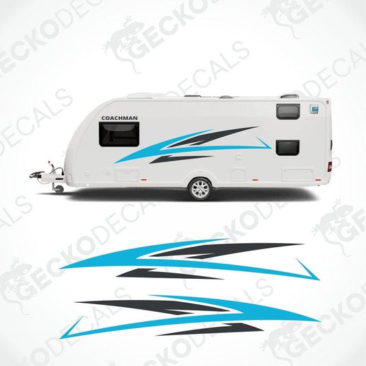 A set of decals for a Coachman caravan, featuring geometric shapes and the Coachman logo in blue, black, and white colors.