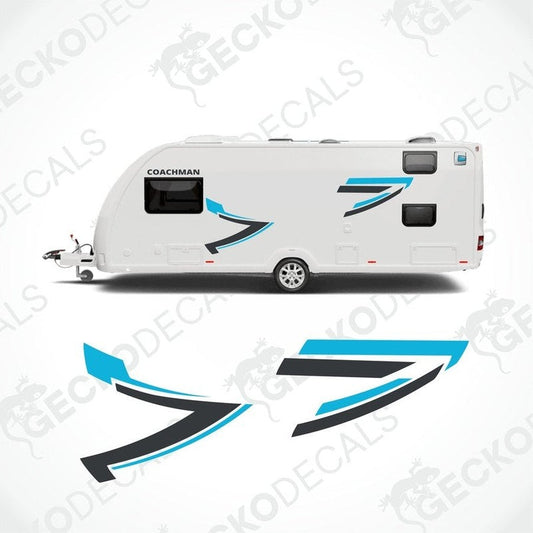 A set of vehicle decals for a Coachman caravan, including logos and geometric shapes in white, blue, and black colors.