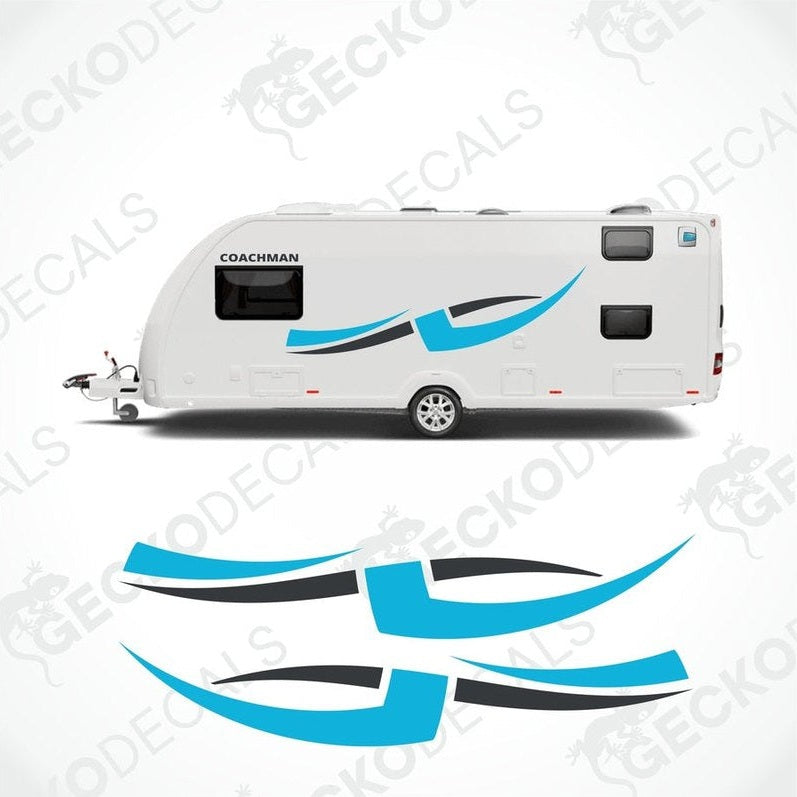 A white COACHMAN brand caravan with blue and gray decals, including side and logo stickers.