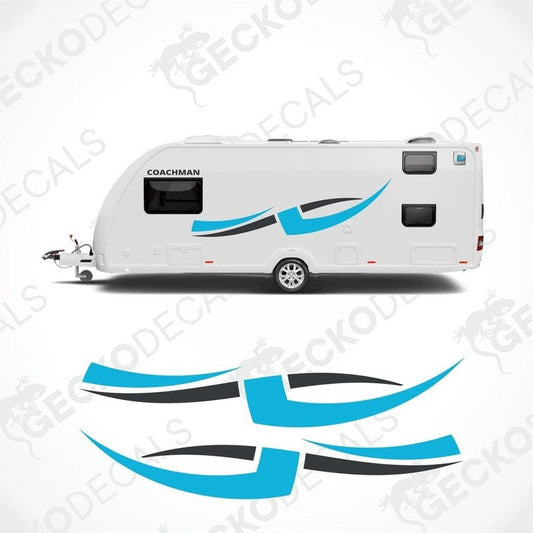 A white COACHMAN brand caravan with blue and gray decals, including side and logo stickers.