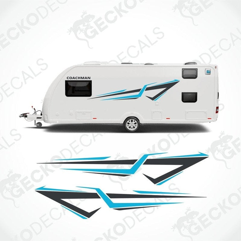 Black and cyan Coachman caravan side decals with dynamic aerodynamic graphics applied to white exterior