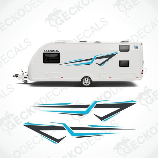 Black and cyan Coachman caravan side decals with dynamic aerodynamic graphics applied to white exterior