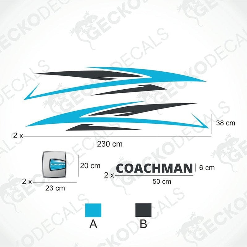 A set of decals for a Coachman caravan, featuring geometric shapes and the Coachman logo in blue, black, and white colors.