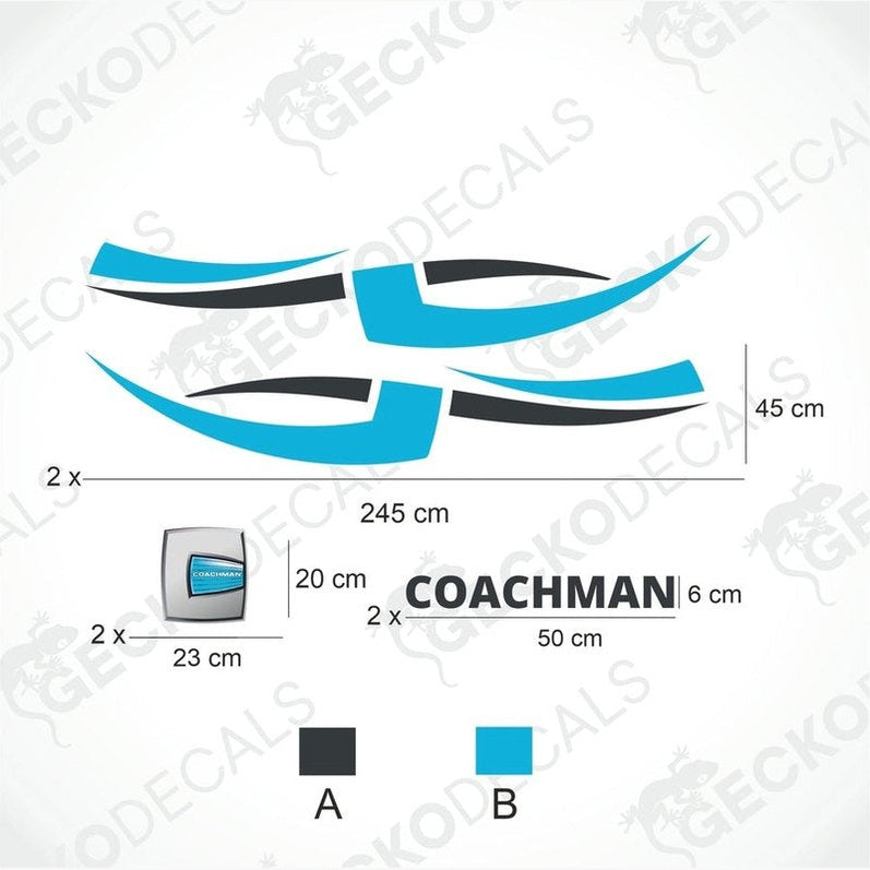 A white COACHMAN brand caravan with blue and gray decals, including side and logo stickers.