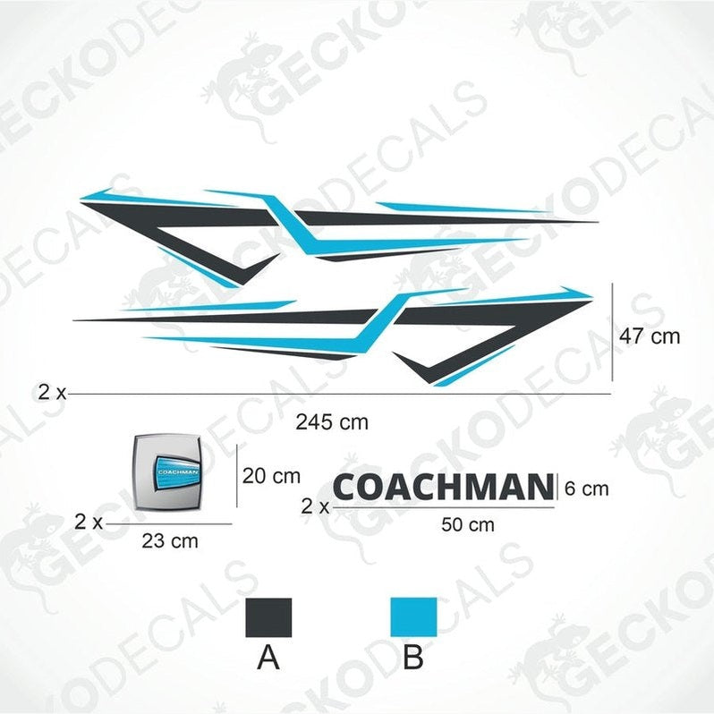 Coachman caravan decoration set diagram showing black and cyan side graphic dimensions and logo sizes