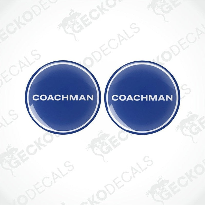 Two blue vinyl stickers with the word 'COACHMAN' in the center, placed against a white background with the GeckoDecals logo.