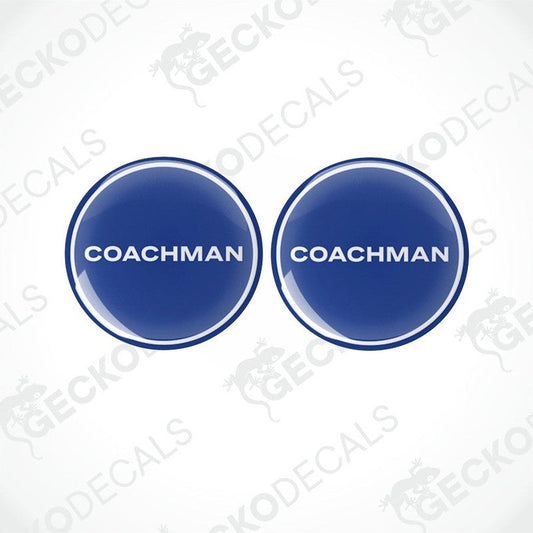 Two blue vinyl stickers with the word 'COACHMAN' in the center, placed against a white background with the GeckoDecals logo.