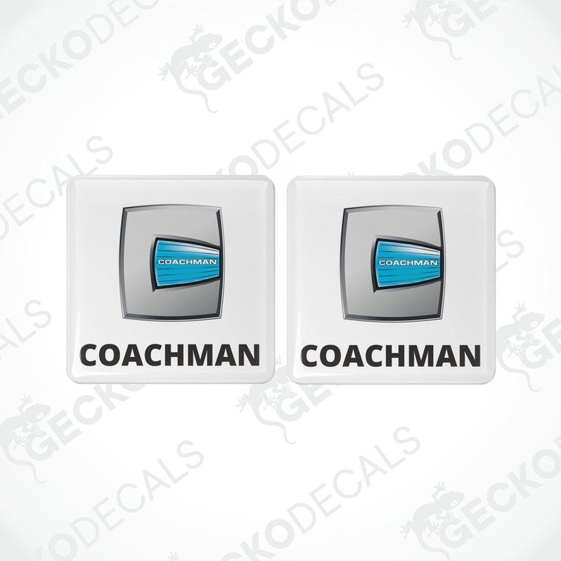 Two square vinyl stickers with a 'COACHMAN' brand logo and a blue and white color scheme, placed on a white background.
