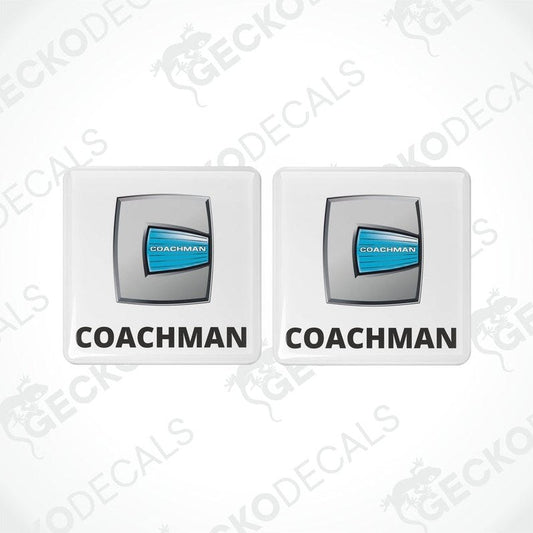 Two square vinyl stickers with a 'COACHMAN' brand logo and a blue and white color scheme, placed on a white background.