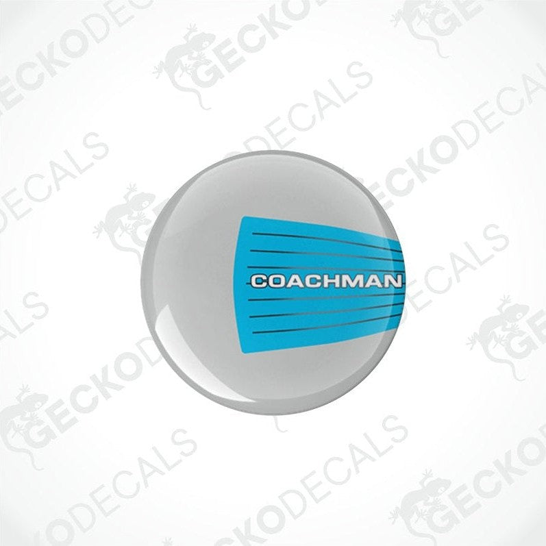 Two round vinyl decals with a blue and white 'COACHMAN' branding, placed on a white background.