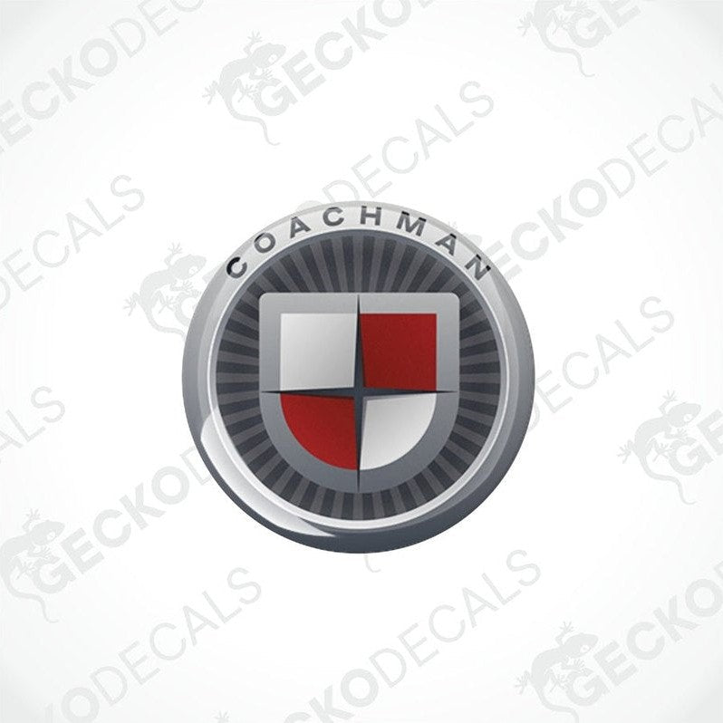 Two round vehicle decals with a shield design and the text 'COACHMAN' on them.