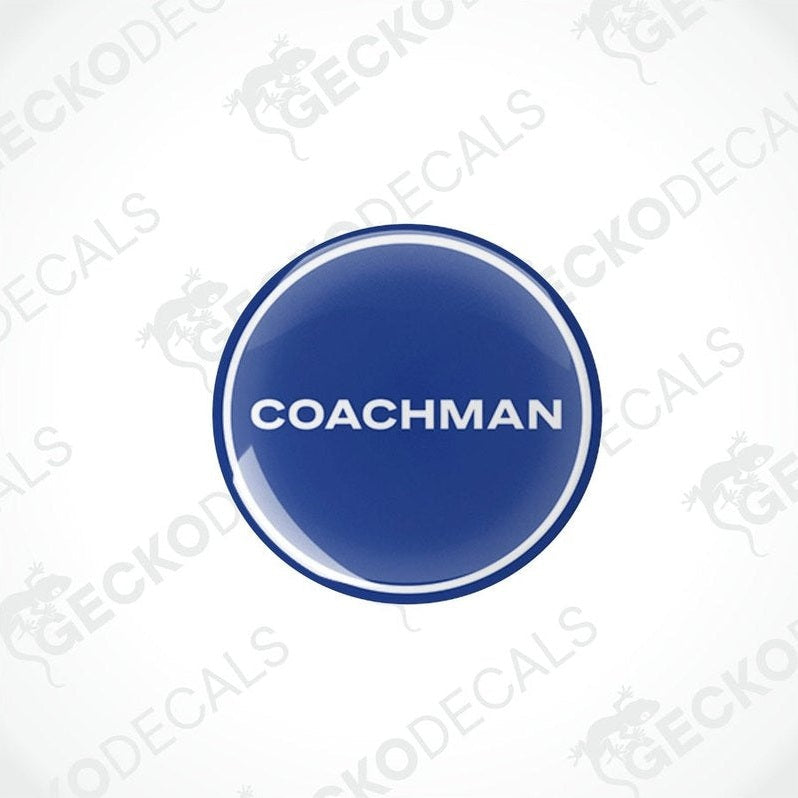 Two blue vinyl stickers with the word 'COACHMAN' in the center, placed against a white background with the GeckoDecals logo.