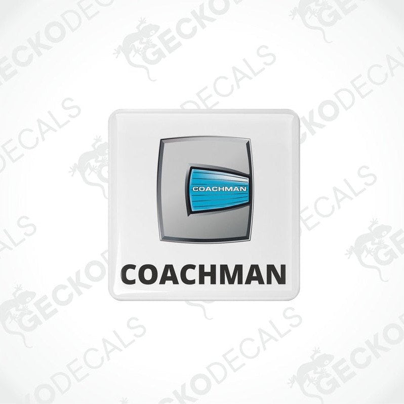 Two square vinyl stickers with a 'COACHMAN' brand logo and a blue and white color scheme, placed on a white background.