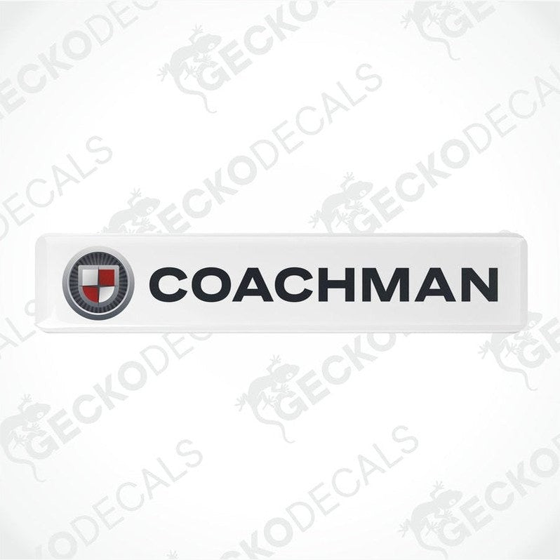 Two white vinyl stickers with the word 'COACHMAN' and a logo depicting a shield and a letter 'C' in the center, placed against a white background with a Gecko Decals watermark.