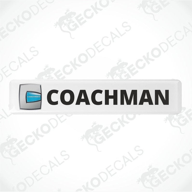 Two white vinyl stickers with the word 'COACHMAN' and a logo depicting a shield and a letter 'C' in the center, placed against a white background with a Gecko Decals watermark.