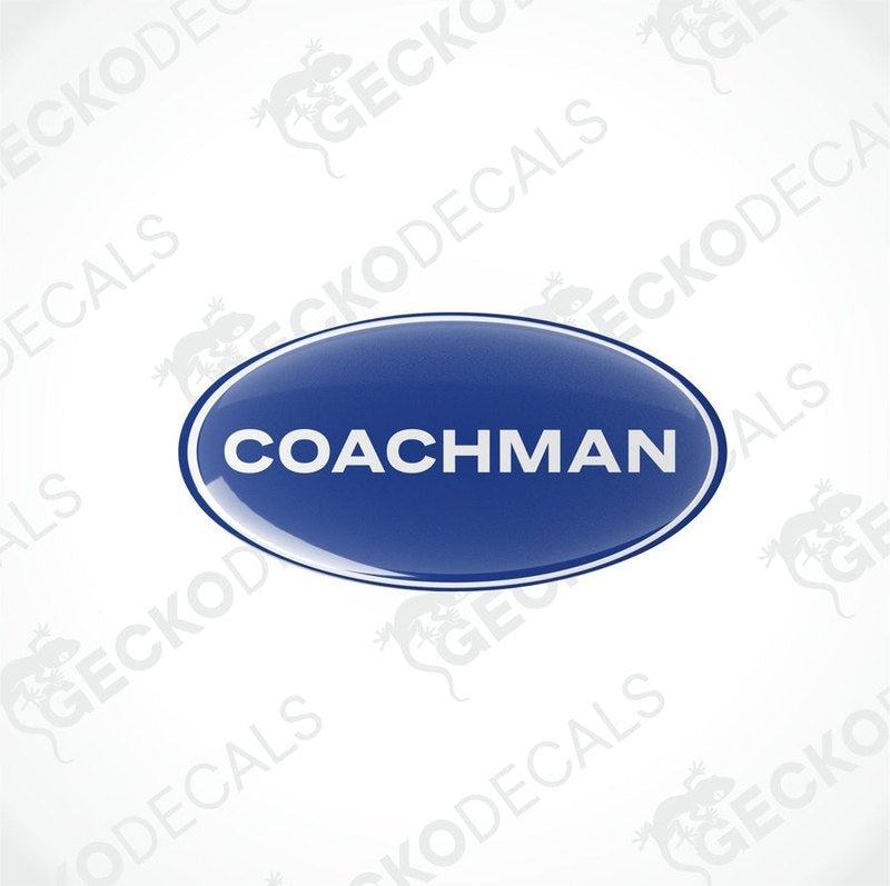 Two blue oval-shaped vinyl decals with the word 'COACHMAN' written in white letters.