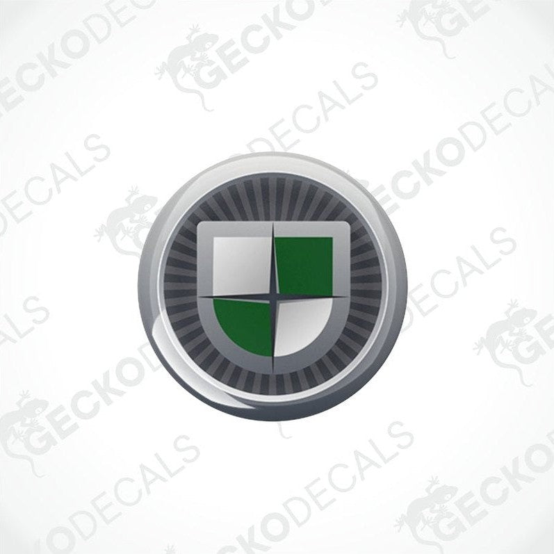 A set of two round vinyl decals with a geometric pattern and a green and silver color scheme, featuring the word 'GECKODECALS'.