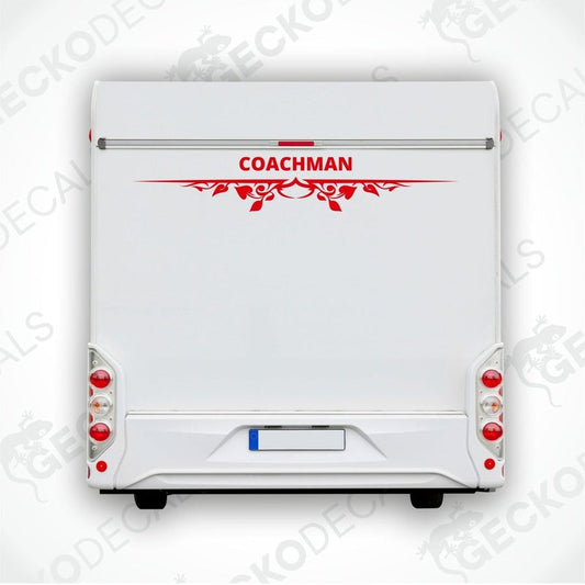 A white rear decal for a Coachman caravan featuring red text and decorative elements.