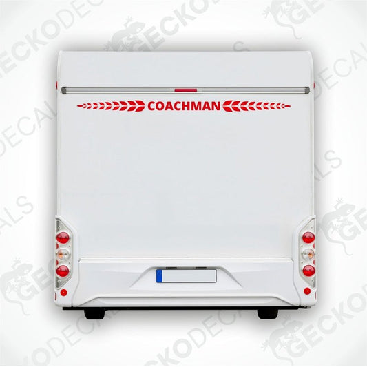 A white rear decal for a coachman's caravan with red text that reads 'COACHMAN'.