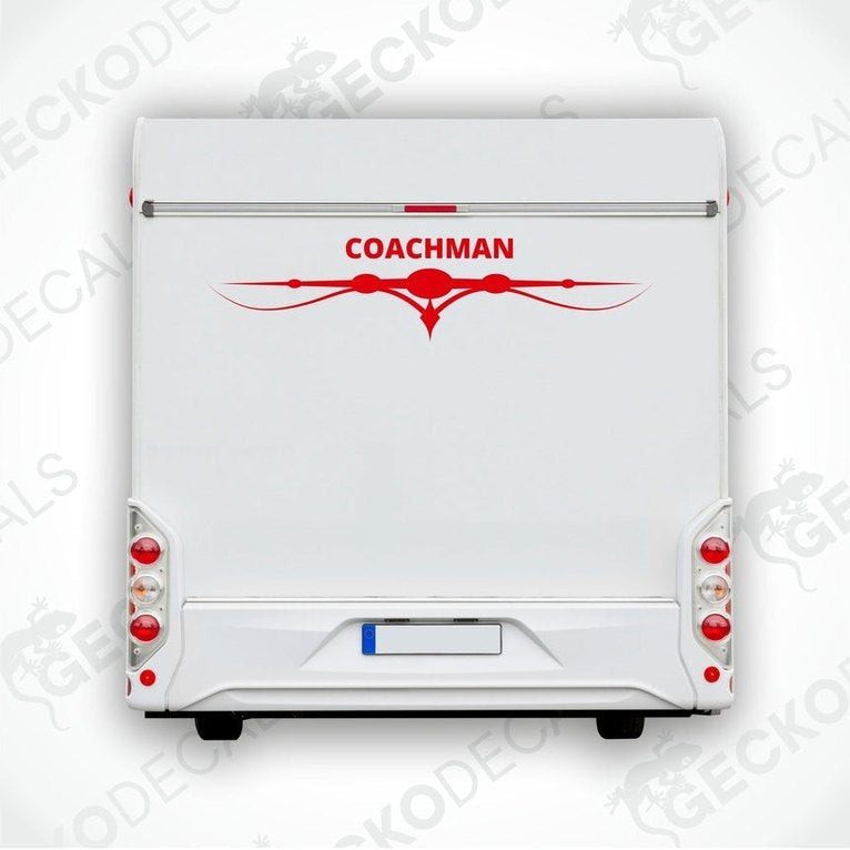 A white Coachman brand decal for a caravan with red and black detailing.