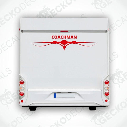A white Coachman brand decal for a caravan with red and black detailing.