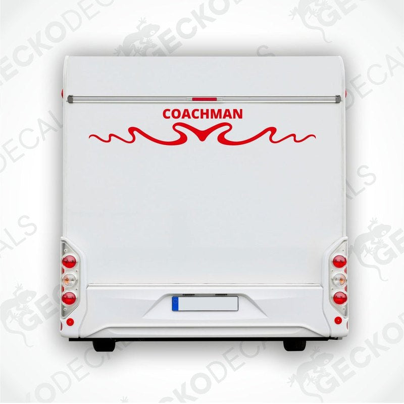 A white rear decal for a Coachman caravan featuring a red logo and decorative elements