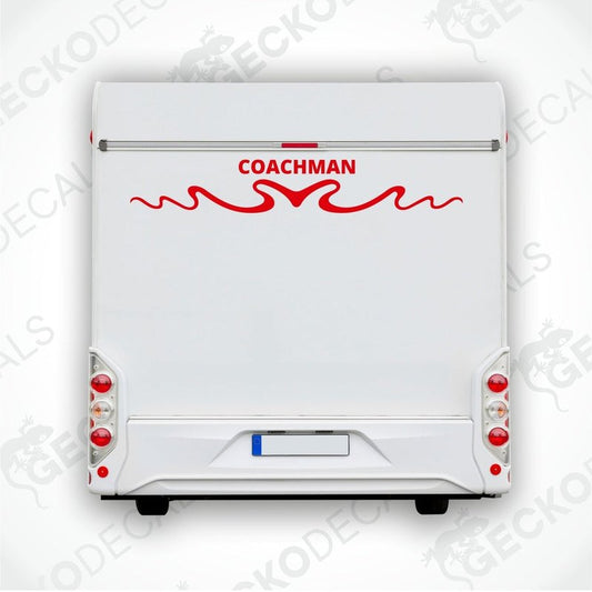 A white rear decal for a Coachman caravan featuring a red logo and decorative elements