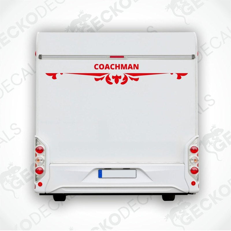 A white Coachman brand decal for a caravan with red and black detailing.