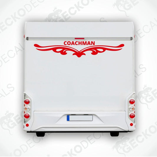 A white rear decal for a Coachman caravan featuring a red logo and decorative elements