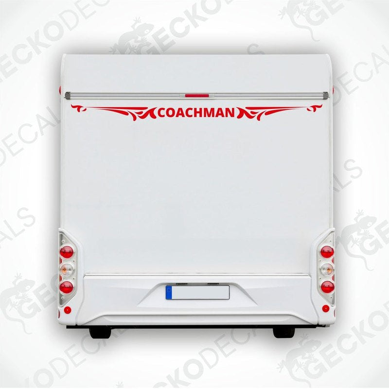 White rear decal of a caravan with 'COACHMAN' branding in red and black.