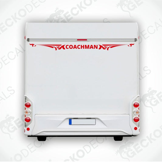 White rear decal of a caravan with 'COACHMAN' branding in red and black.